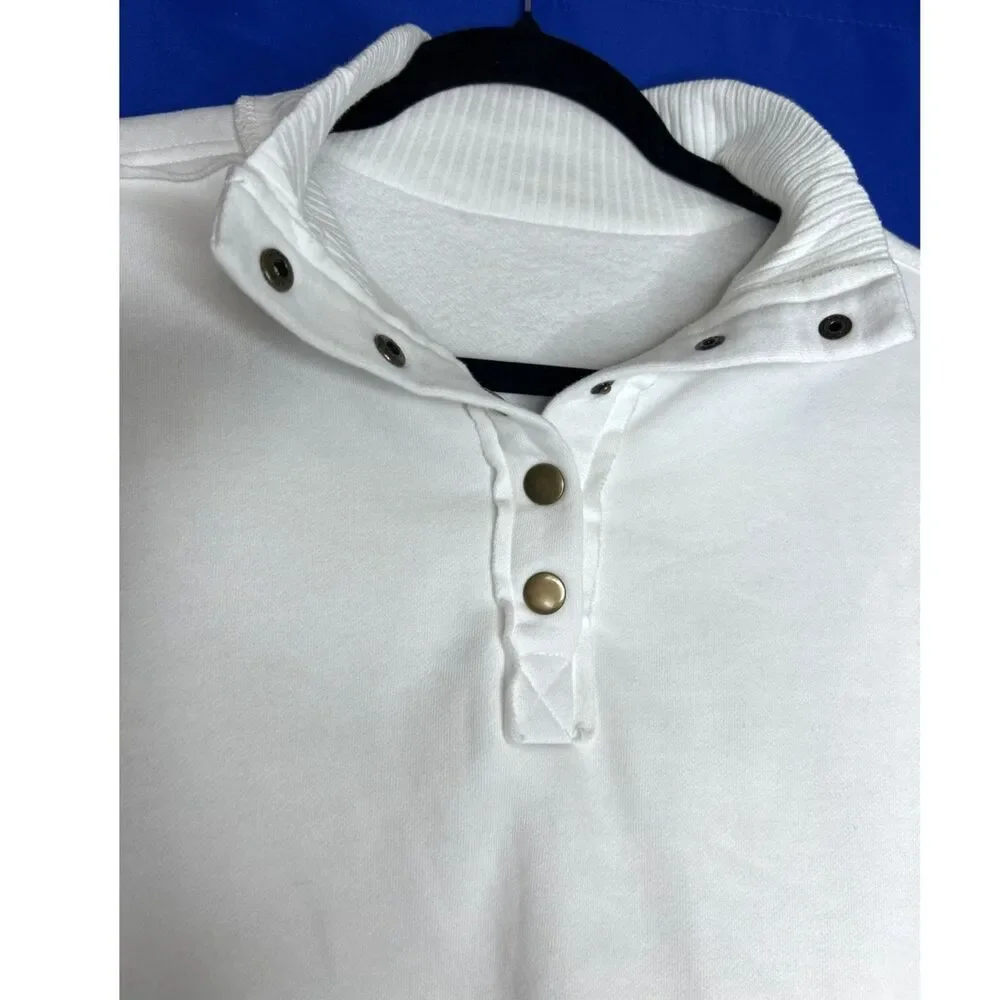 Women's White Mock Neck Snap Henley Sweatshirt Loungewear Soft Kangaroo - XS